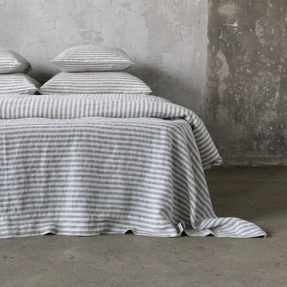 Ticking Striped Linen Flat Sheet in Graphite * Queen, Twin, King and other sizes - Picture 4 of 4